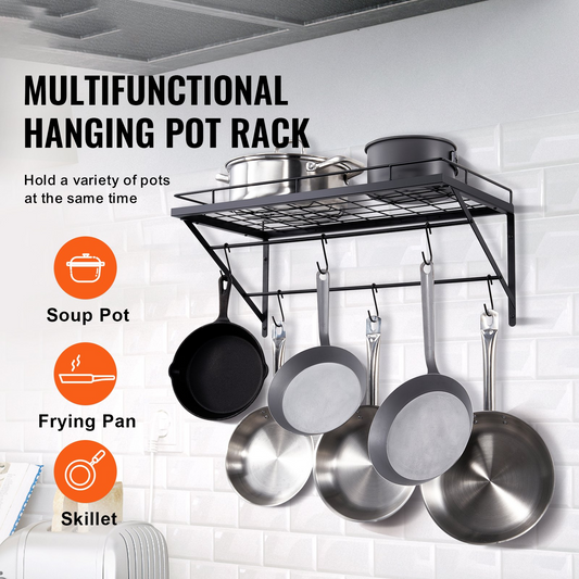 VEVOR Pot Rack Wall Mounted, 24 inch Pot and Pan Hanging Rack, Pot and Pan Hanger with 12 S Hooks, 55 lbs Loading Weight, Ideal for Pans, Utensils, Cookware in Kitchen