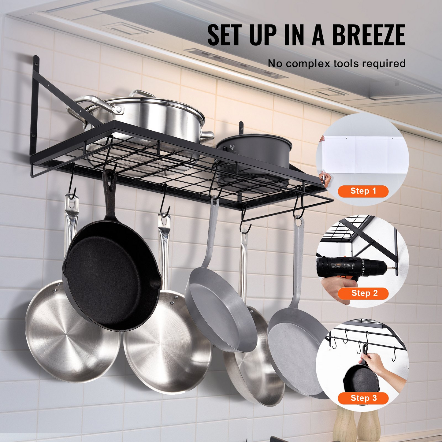 VEVOR Pot Rack Wall Mounted, 24 inch Pot and Pan Hanging Rack, Pot and Pan Hanger with 12 S Hooks, 55 lbs Loading Weight, Ideal for Pans, Utensils, Cookware in Kitchen