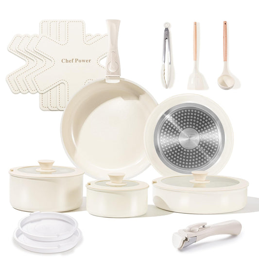 Ceramic Cookware Set Non Toxic with Detachable Handles, Healthy Nonstick Pans and Pots Set 19 Pcs, Induction Dishwasher Oven Safe Kitchen Set, PFAS PFOA & PTFE Free, Cream White