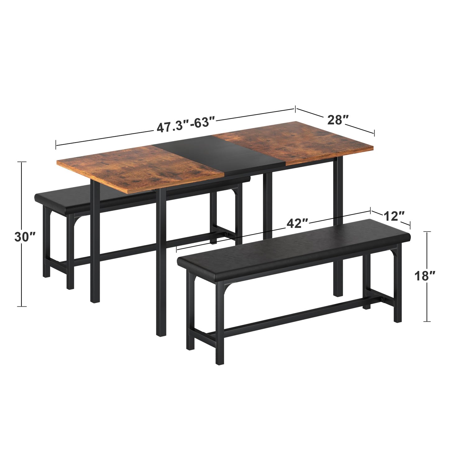 3-Piece 63" Extendable Kitchen Table with Benches/Chairs, Modern Breakfast Dinette/Dining Room Set for 4/6/2, Small Space Saving Design, Easy Assembly