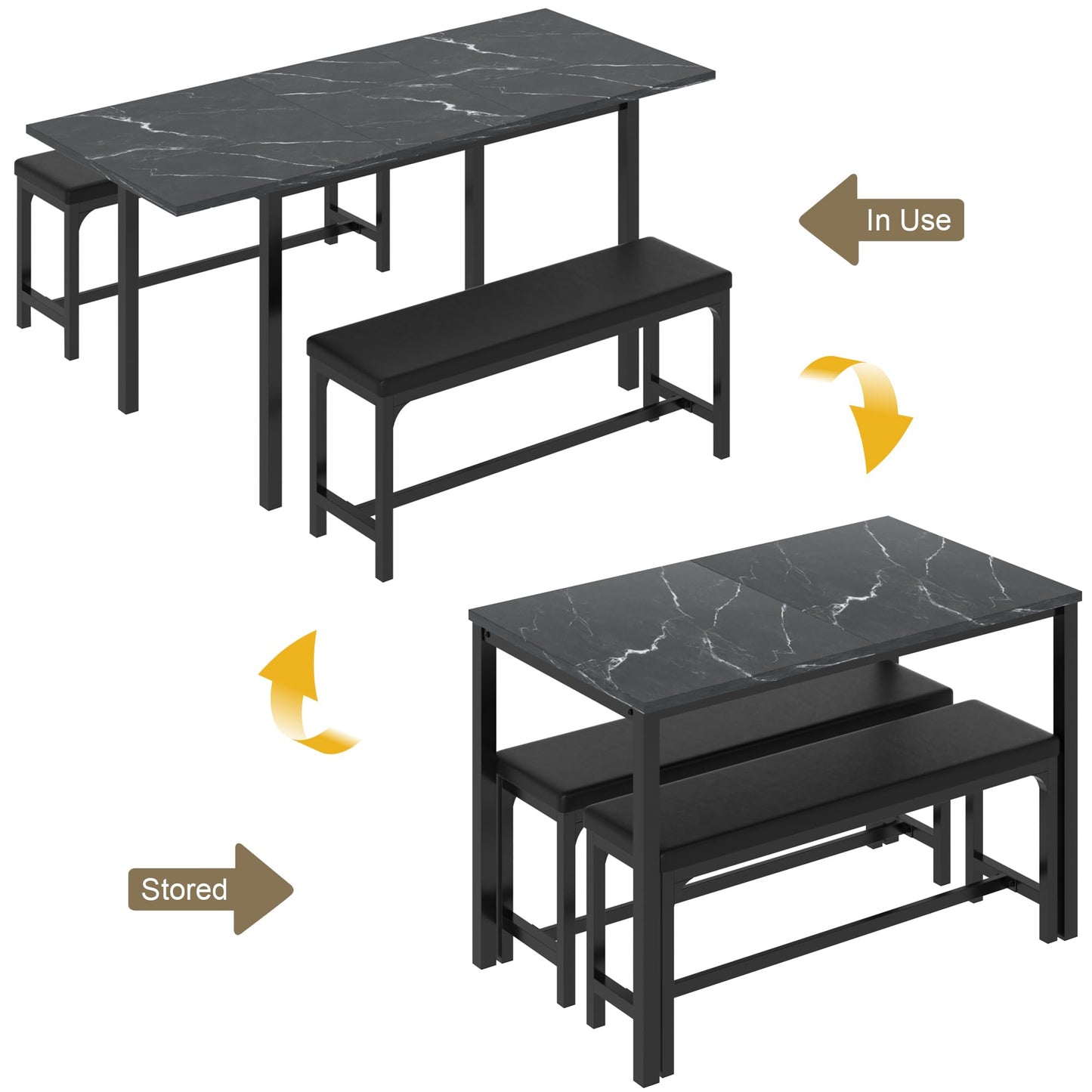 3-Piece 63" Extendable Kitchen Table with Benches/Chairs, Modern Breakfast Dinette/Dining Room Set for 4/6/2, Small Space Saving Design, Easy Assembly