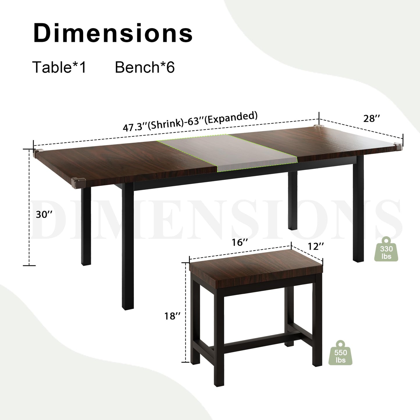 7-Piece Dining Table Set with 6 Stools, 63" Large Extendable Kitchen Table Set for 4-8, Mid-Century Dining Room Table with Heavy-Duty Frame, Easy Assembly, Rustic Brown