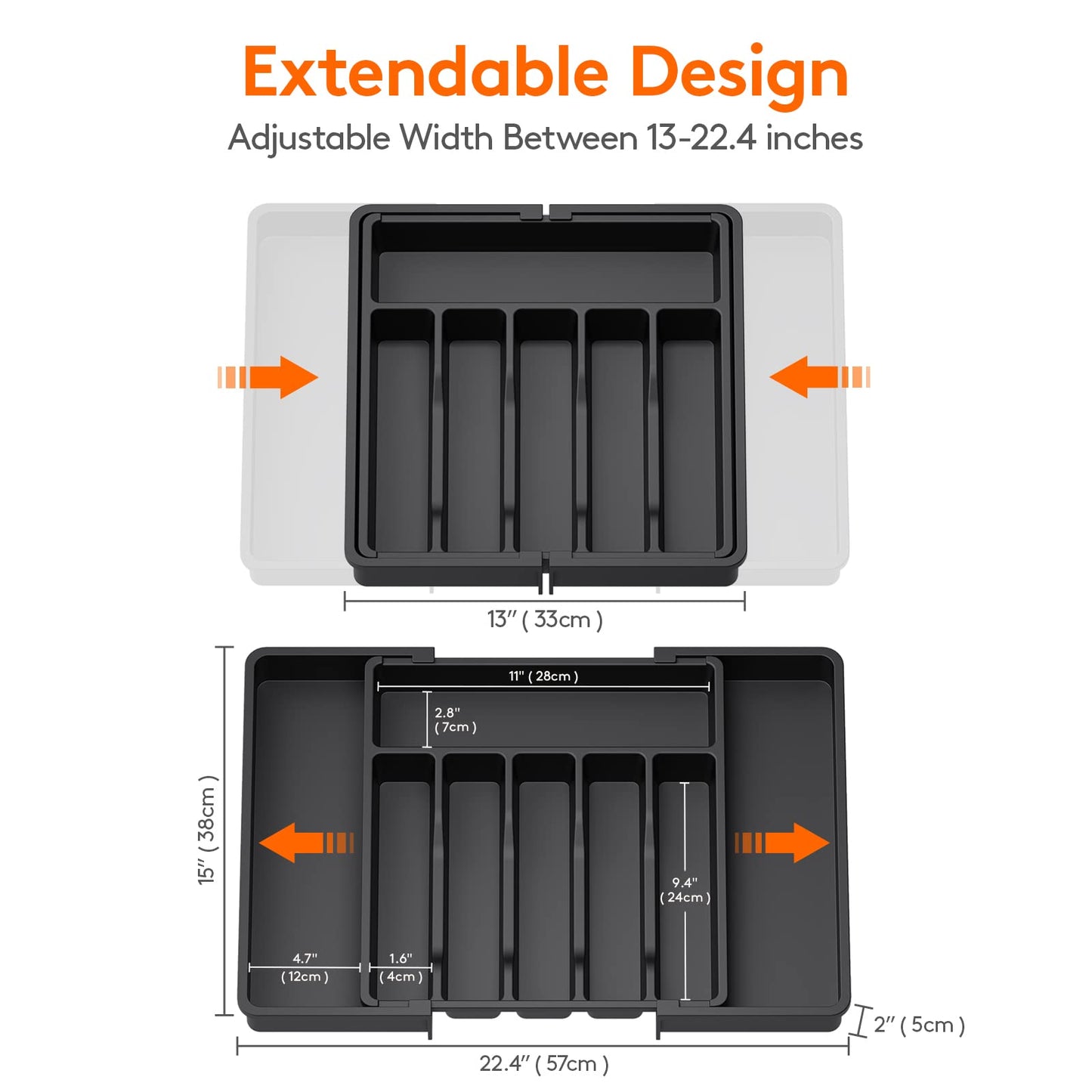 Lifewit Silverware Drawer Organizer, Expandable Utensil Tray for Kitchen, BPA Free Flatware and Cutlery Holder, Adjustable Plastic Storage for Spoons Forks Knives, Large, Black