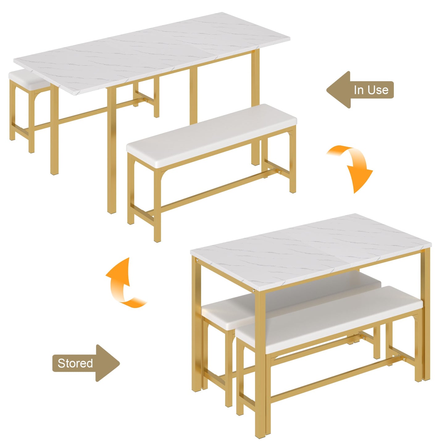 3-Piece 63" Extendable Kitchen Table with Benches/Chairs, Modern Breakfast Dinette/Dining Room Set for 4/6/2, Small Space Saving Design, Easy Assembly