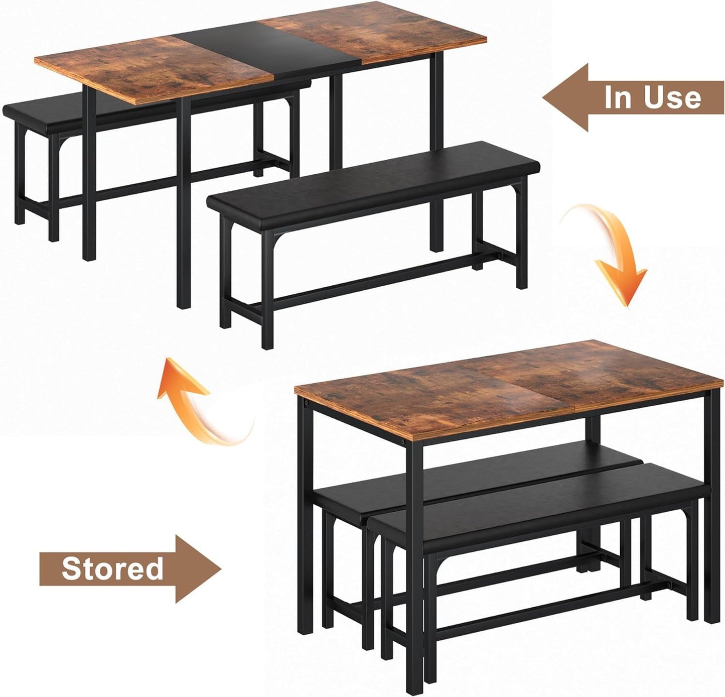 3-Piece 63" Extendable Kitchen Table with Benches/Chairs, Modern Breakfast Dinette/Dining Room Set for 4/6/2, Small Space Saving Design, Easy Assembly