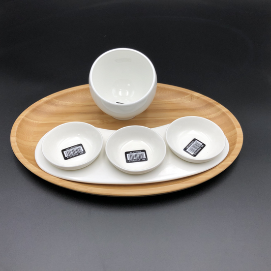 A Mignardises (Petit Four) Serving Set With Bamboo Oval Tray And Porcelain Dishes To Match