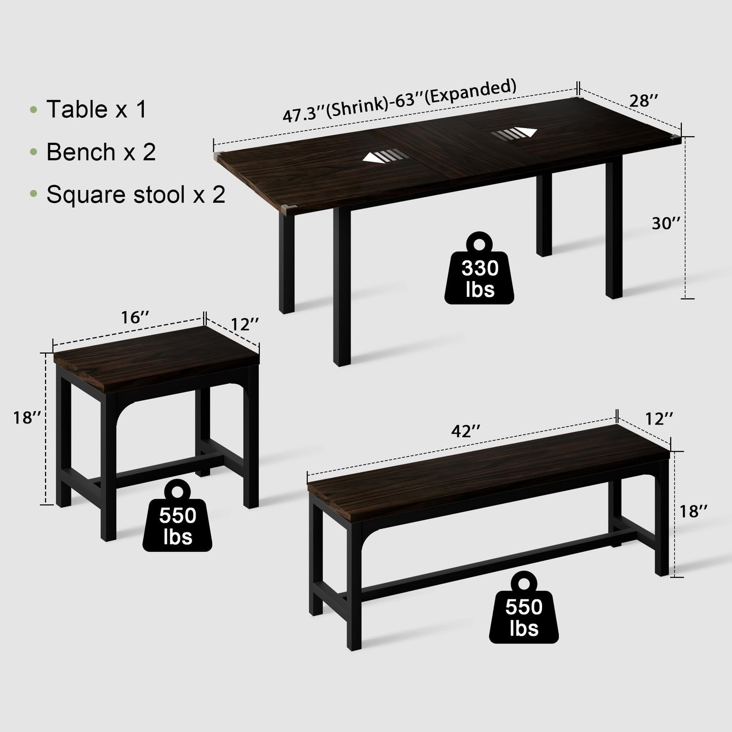 7-Piece Dining Table Set with 6 Stools, 63" Large Extendable Kitchen Table Set for 4-8, Mid-Century Dining Room Table with Heavy-Duty Frame, Easy Assembly, Rustic Brown