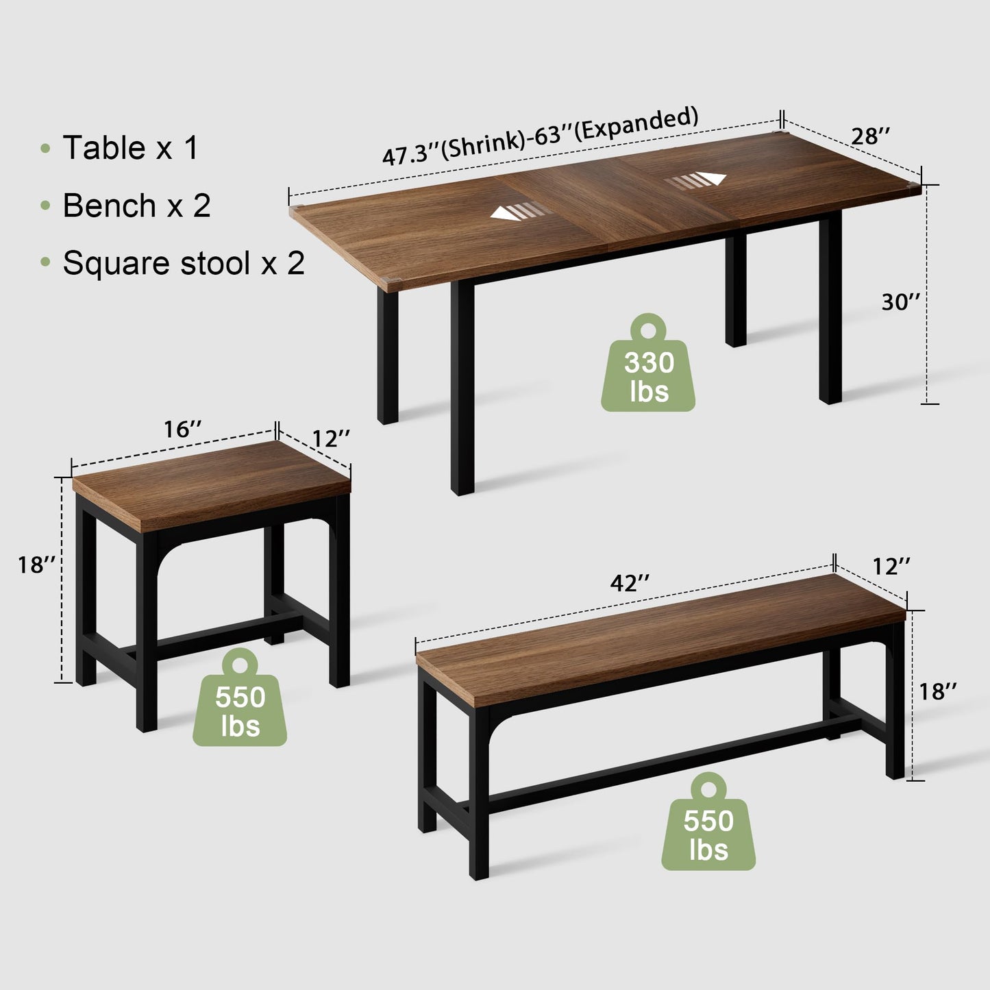 7-Piece Dining Table Set with 6 Stools, 63" Large Extendable Kitchen Table Set for 4-8, Mid-Century Dining Room Table with Heavy-Duty Frame, Easy Assembly, Rustic Brown