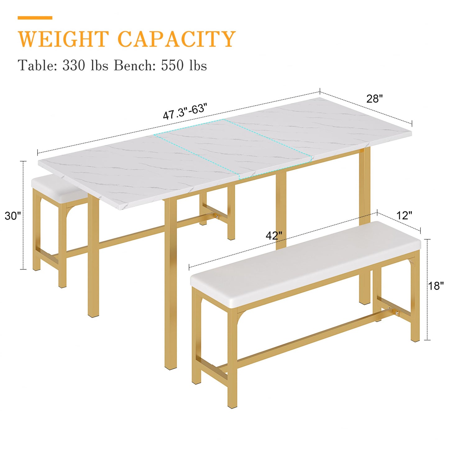 3-Piece 63" Extendable Kitchen Table with Benches/Chairs, Modern Breakfast Dinette/Dining Room Set for 4/6/2, Small Space Saving Design, Easy Assembly