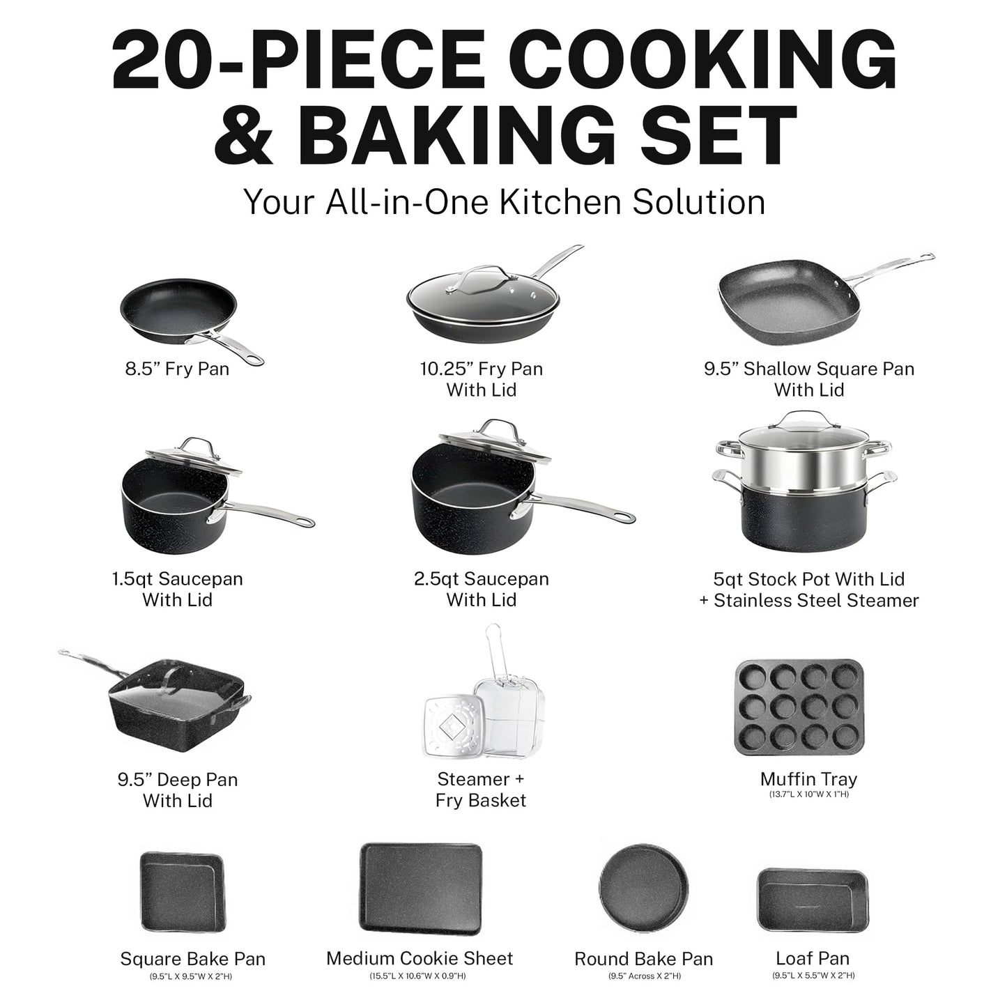 GRANITESTONE 20 Pc Pots and Pans Set Non Stick Cookware Set, Kitchen Cookware Sets with Deep Frying Pan Set, Bakeware and More for Cooking, Non Toxic, Oven and Dishwasher Safe