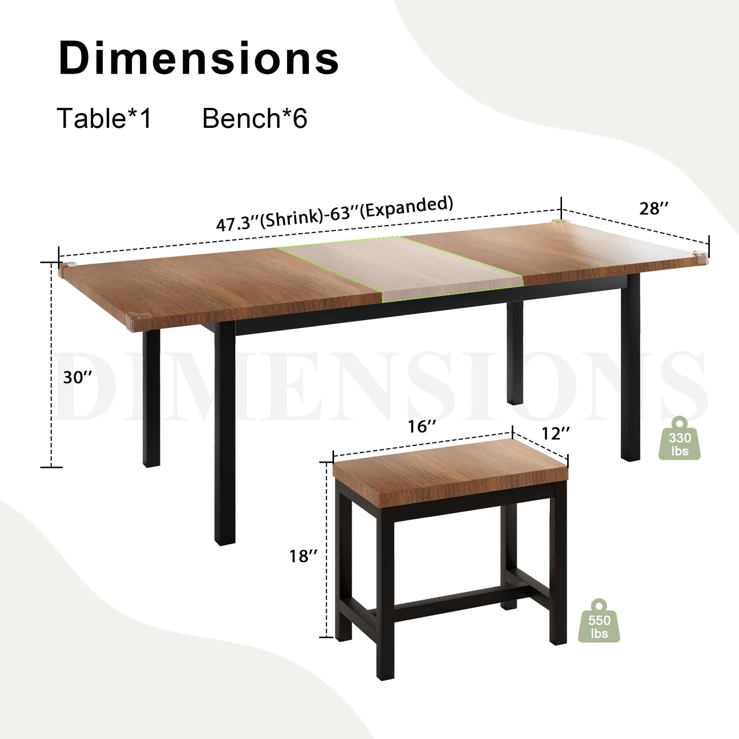 7-Piece Dining Table Set with 6 Stools, 63" Large Extendable Kitchen Table Set for 4-8, Mid-Century Dining Room Table with Heavy-Duty Frame, Easy Assembly, Rustic Brown