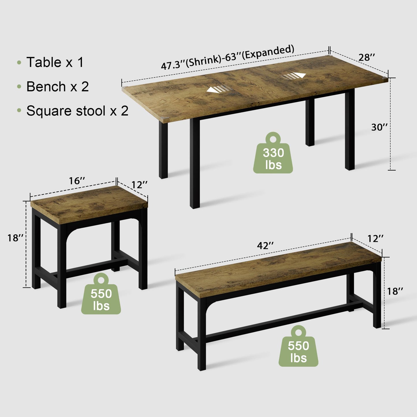 7-Piece Dining Table Set with 6 Stools, 63" Large Extendable Kitchen Table Set for 4-8, Mid-Century Dining Room Table with Heavy-Duty Frame, Easy Assembly, Rustic Brown