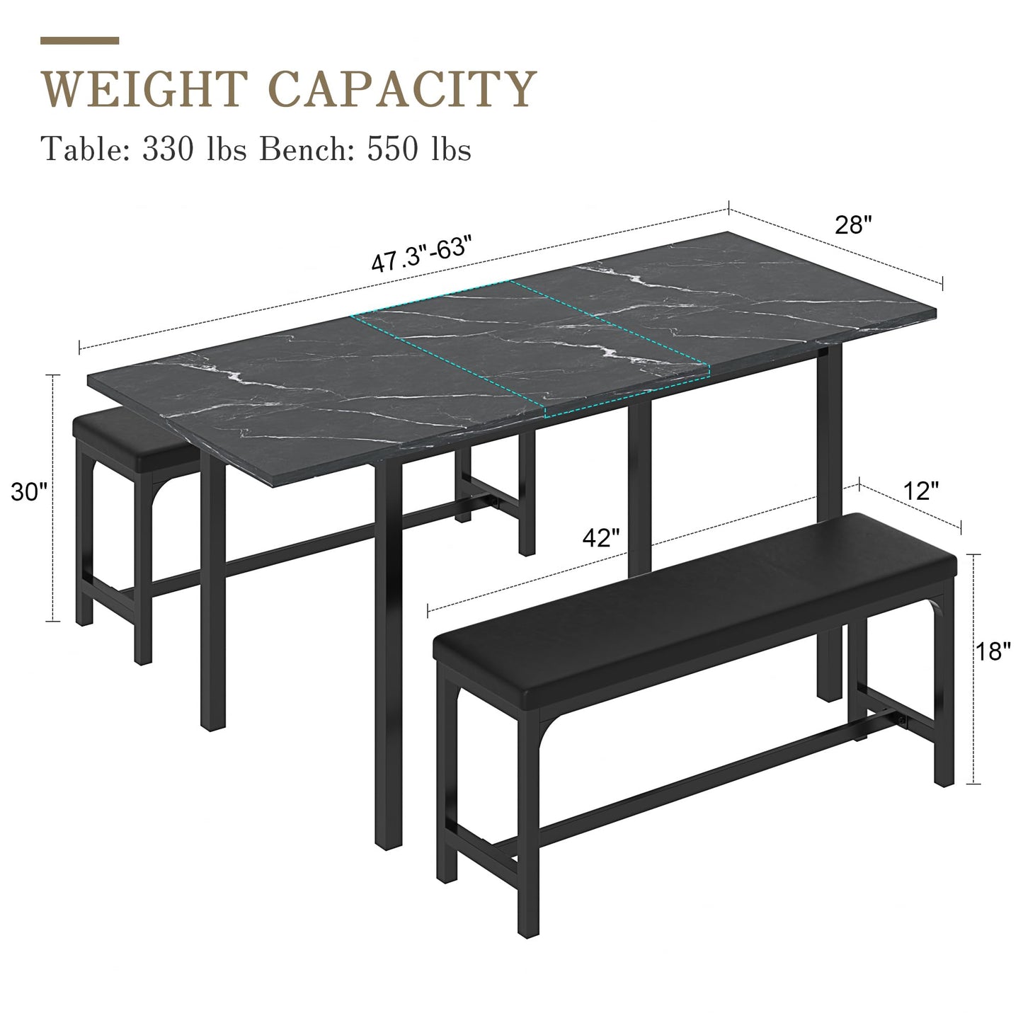 3-Piece 63" Extendable Kitchen Table with Benches/Chairs, Modern Breakfast Dinette/Dining Room Set for 4/6/2, Small Space Saving Design, Easy Assembly