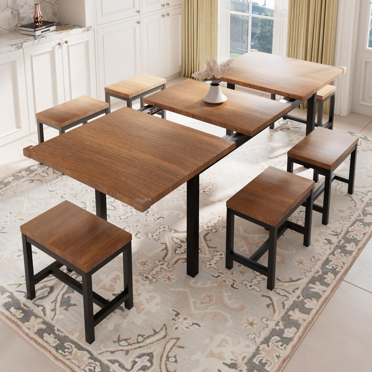 7-Piece Dining Table Set with 6 Stools, 63" Large Extendable Kitchen Table Set for 4-8, Mid-Century Dining Room Table with Heavy-Duty Frame, Easy Assembly, Rustic Brown