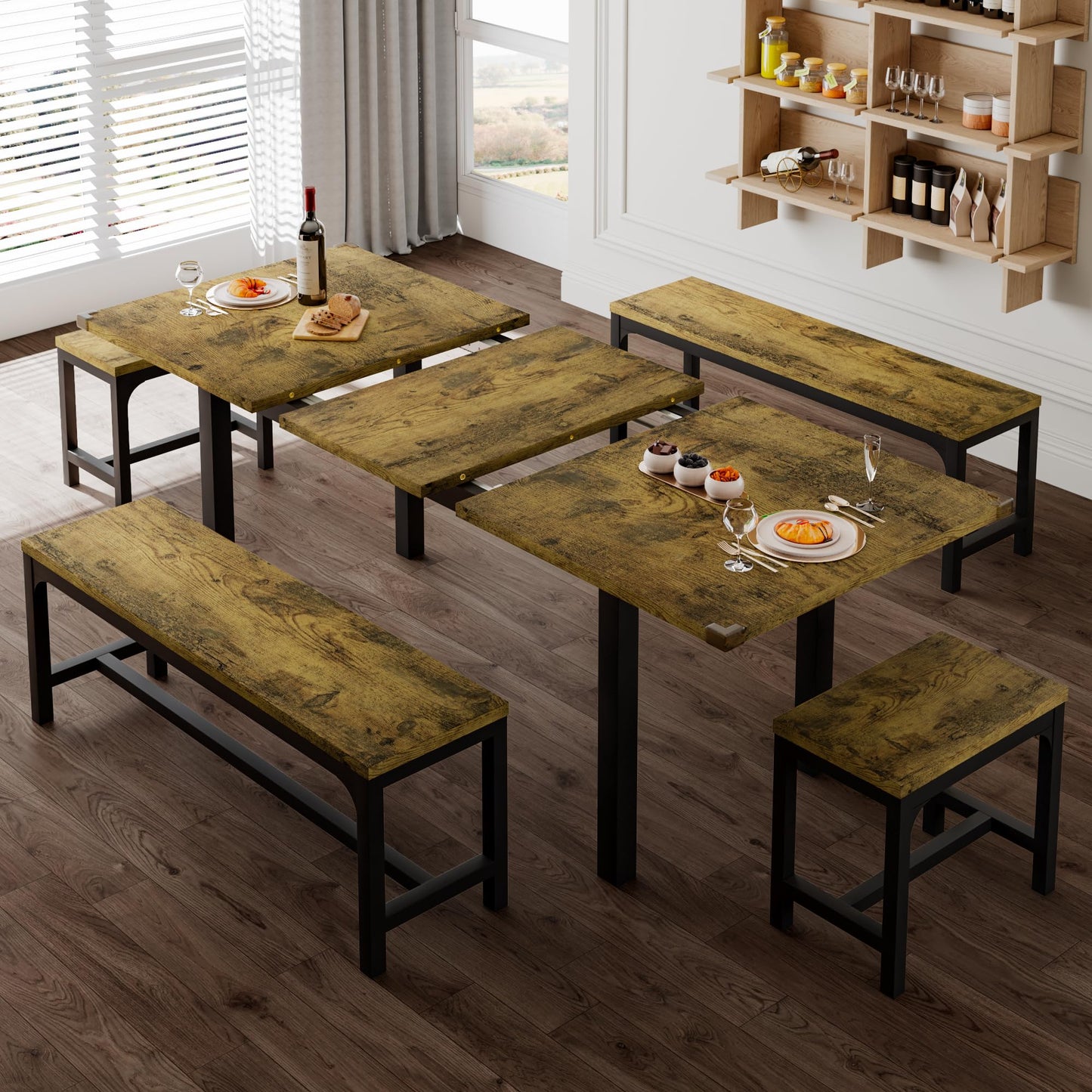 7-Piece Dining Table Set with 6 Stools, 63" Large Extendable Kitchen Table Set for 4-8, Mid-Century Dining Room Table with Heavy-Duty Frame, Easy Assembly, Rustic Brown