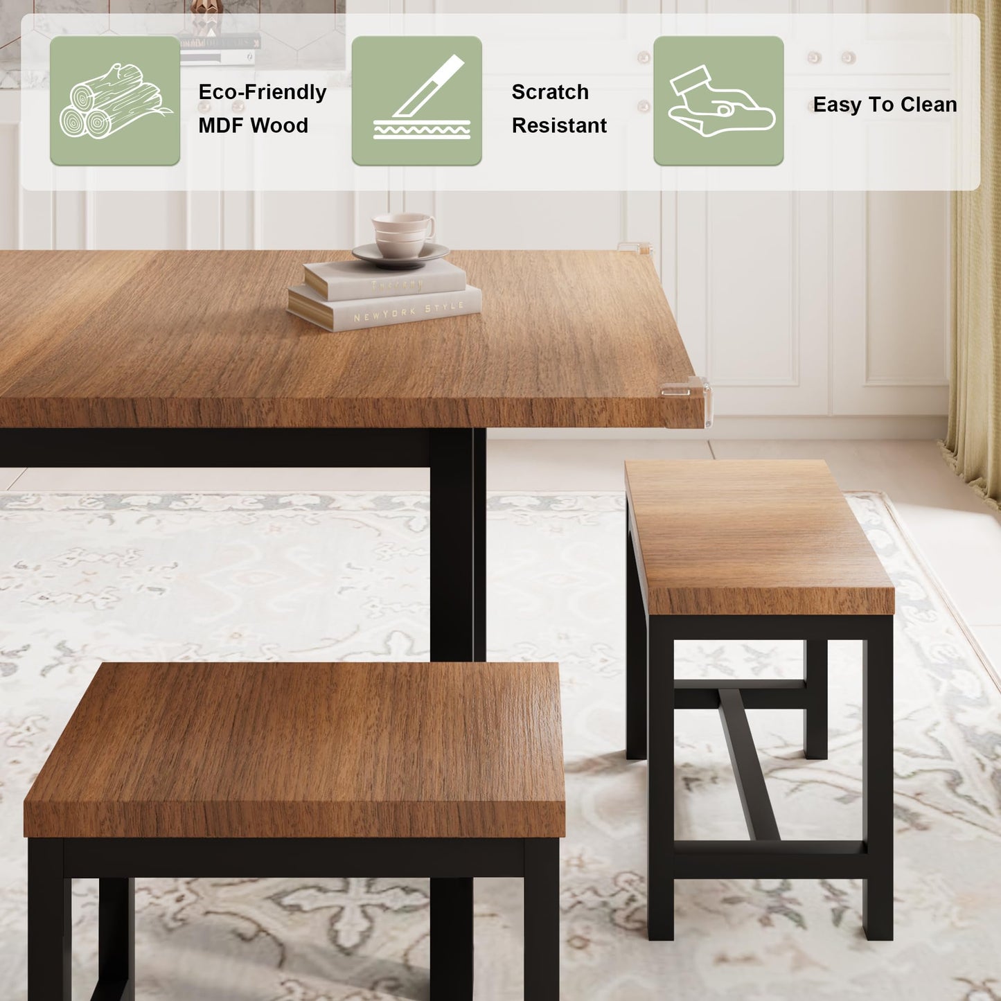 7-Piece Dining Table Set with 6 Stools, 63" Large Extendable Kitchen Table Set for 4-8, Mid-Century Dining Room Table with Heavy-Duty Frame, Easy Assembly, Rustic Brown