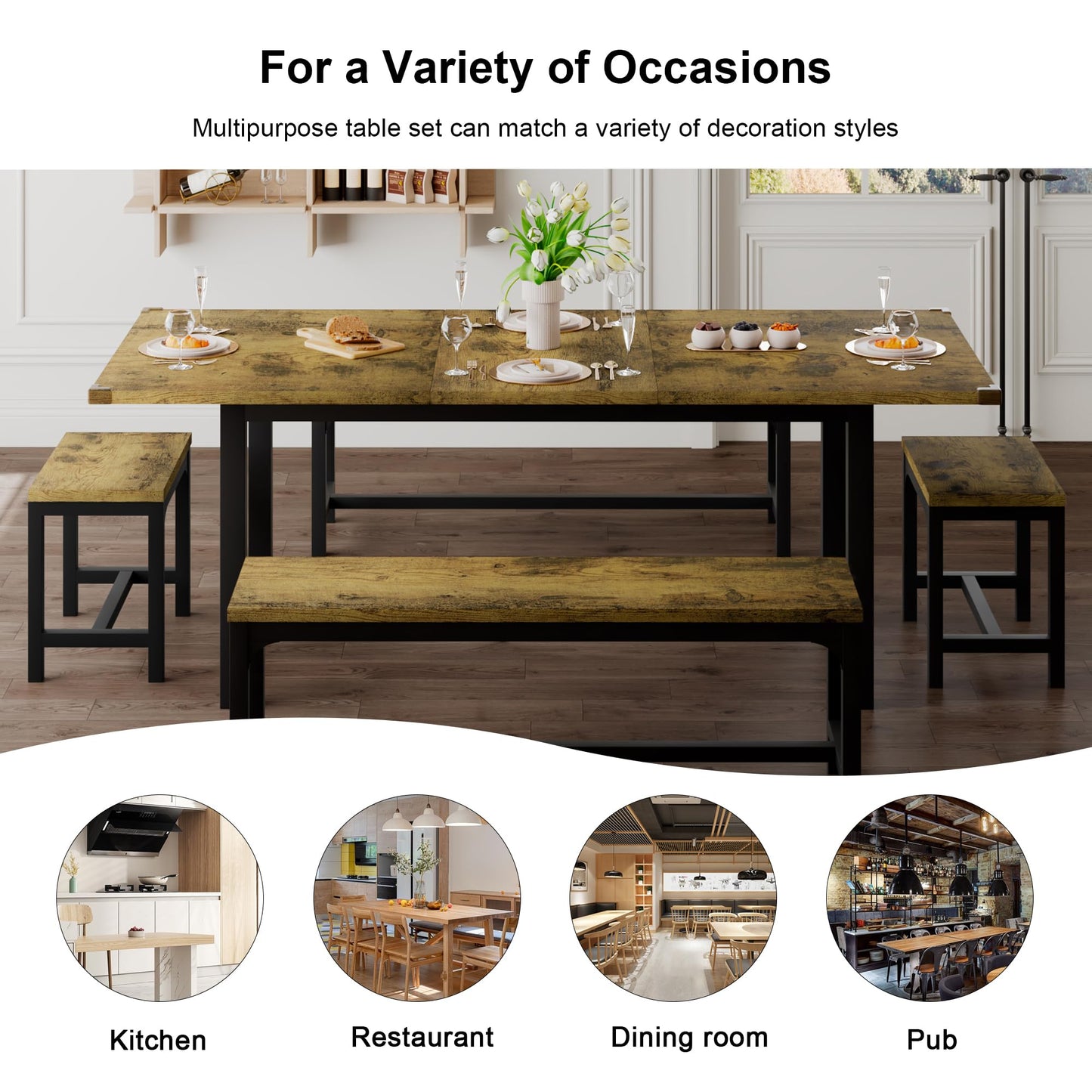 7-Piece Dining Table Set with 6 Stools, 63" Large Extendable Kitchen Table Set for 4-8, Mid-Century Dining Room Table with Heavy-Duty Frame, Easy Assembly, Rustic Brown