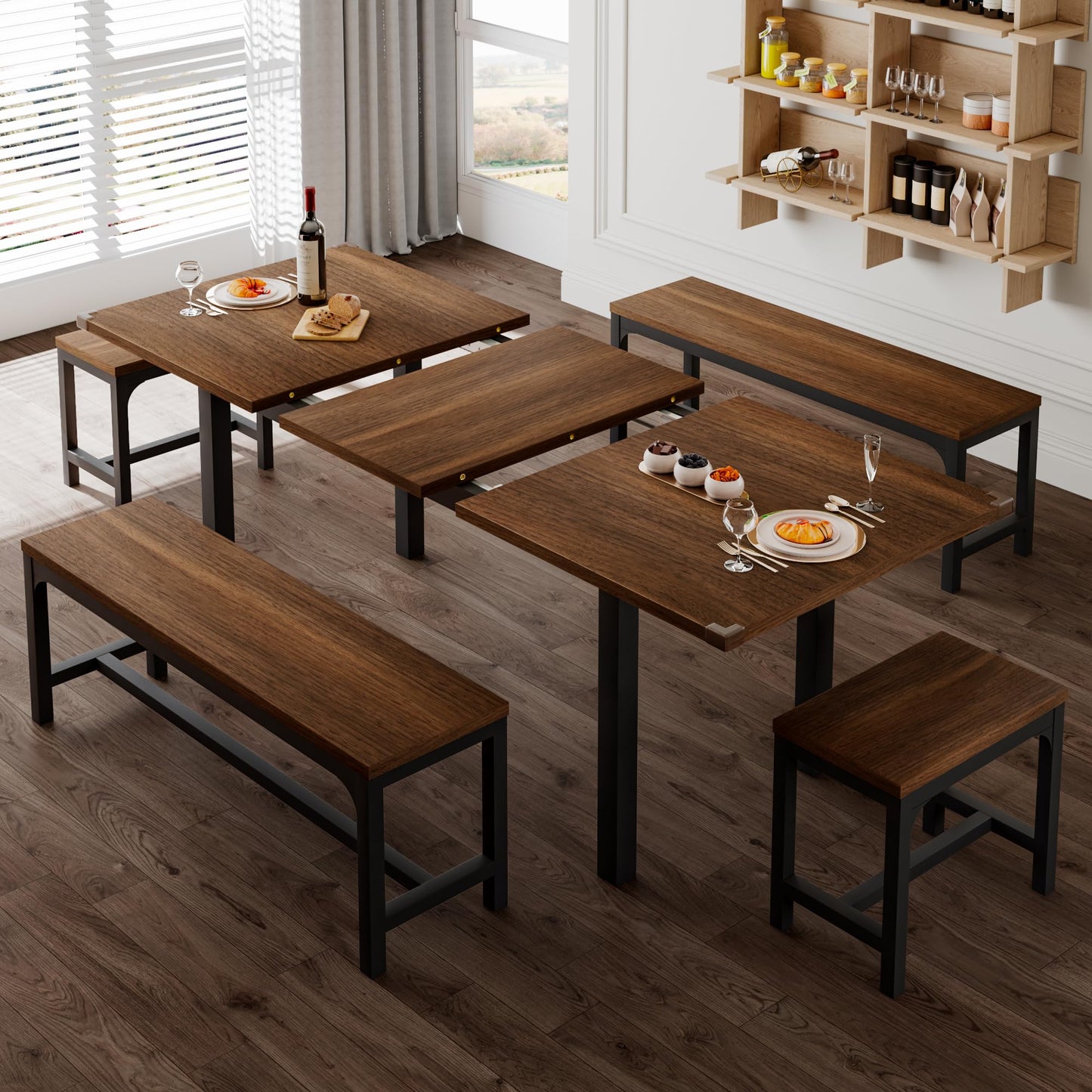 7-Piece Dining Table Set with 6 Stools, 63" Large Extendable Kitchen Table Set for 4-8, Mid-Century Dining Room Table with Heavy-Duty Frame, Easy Assembly, Rustic Brown