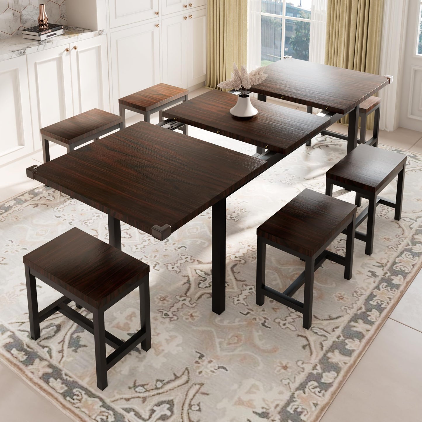 7-Piece Dining Table Set with 6 Stools, 63" Large Extendable Kitchen Table Set for 4-8, Mid-Century Dining Room Table with Heavy-Duty Frame, Easy Assembly, Rustic Brown