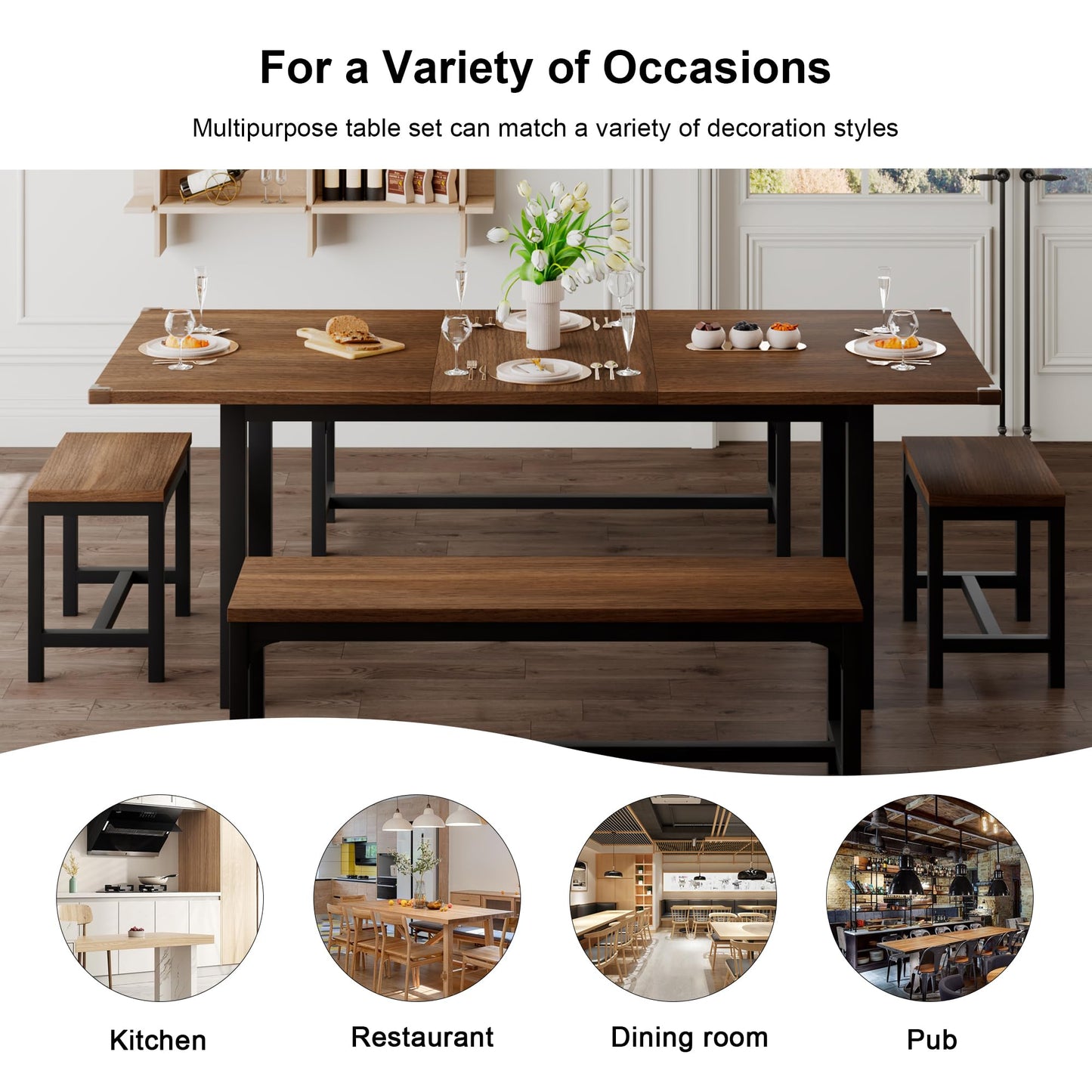 7-Piece Dining Table Set with 6 Stools, 63" Large Extendable Kitchen Table Set for 4-8, Mid-Century Dining Room Table with Heavy-Duty Frame, Easy Assembly, Rustic Brown