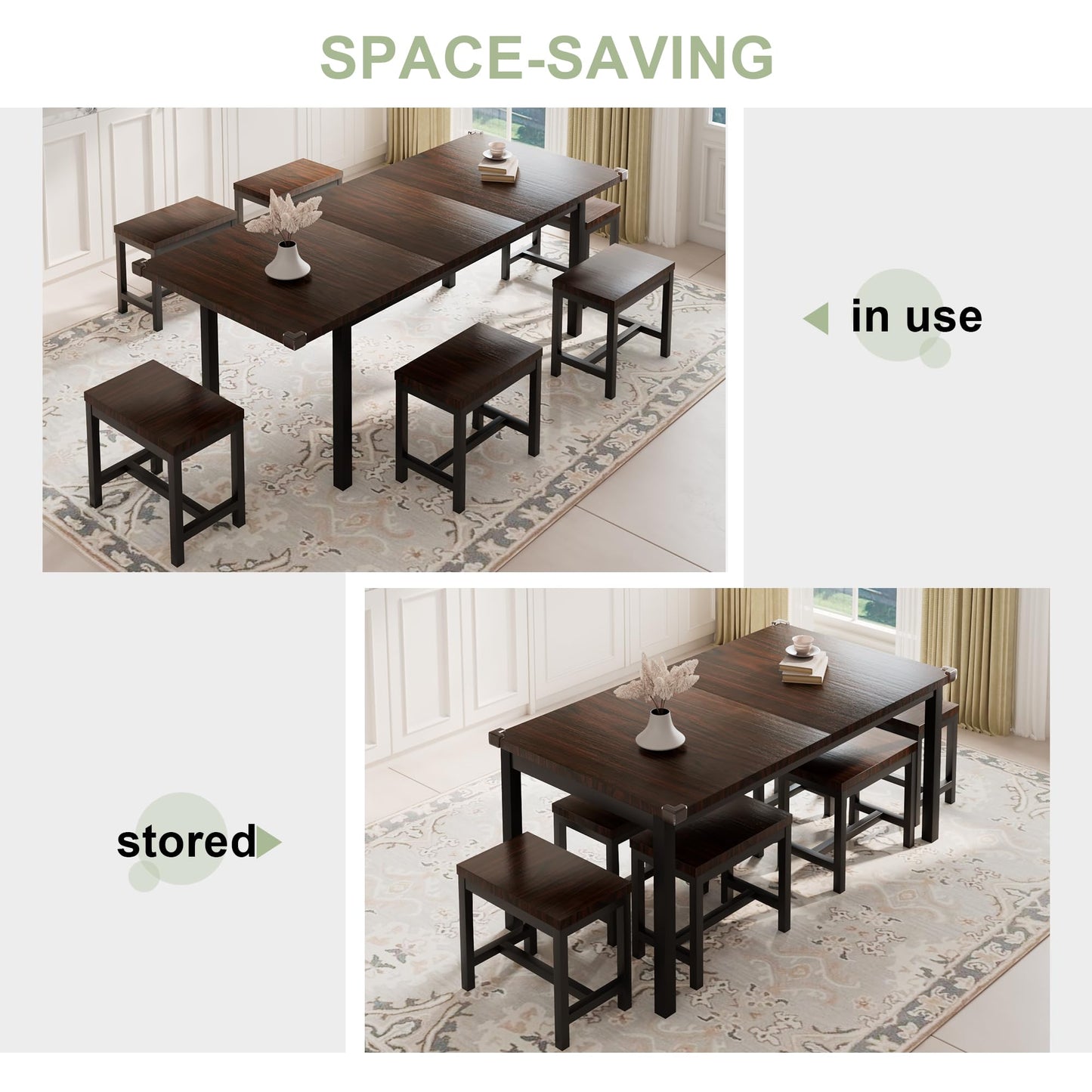 7-Piece Dining Table Set with 6 Stools, 63" Large Extendable Kitchen Table Set for 4-8, Mid-Century Dining Room Table with Heavy-Duty Frame, Easy Assembly, Rustic Brown