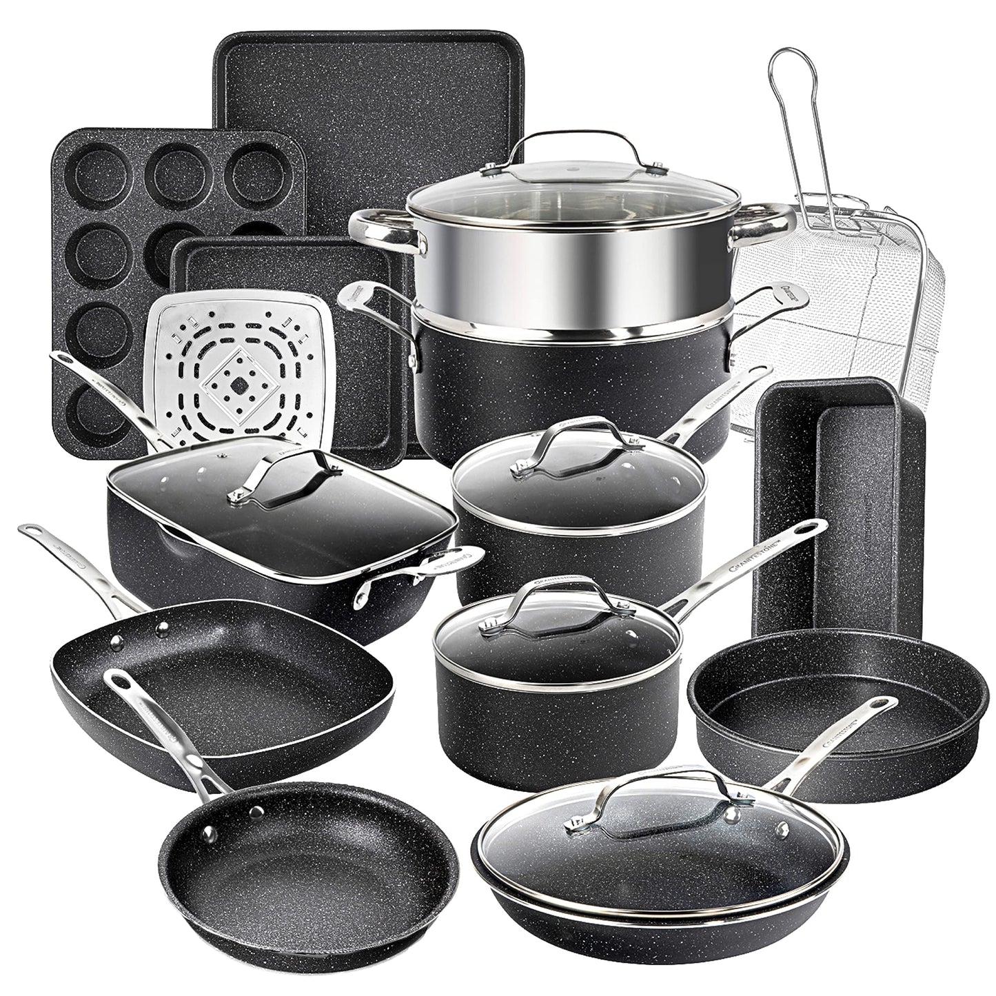 GRANITESTONE 20 Pc Pots and Pans Set Non Stick Cookware Set, Kitchen Cookware Sets with Deep Frying Pan Set, Bakeware and More for Cooking, Non Toxic, Oven and Dishwasher Safe