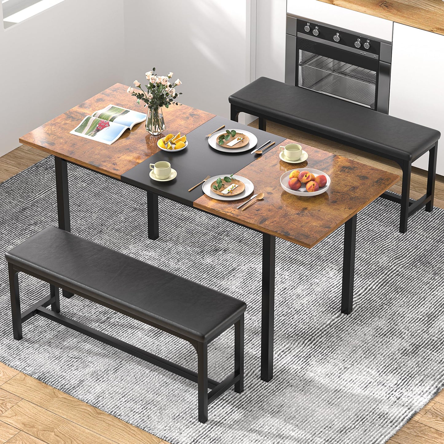 3-Piece 63" Extendable Kitchen Table with Benches/Chairs, Modern Breakfast Dinette/Dining Room Set for 4/6/2, Small Space Saving Design, Easy Assembly