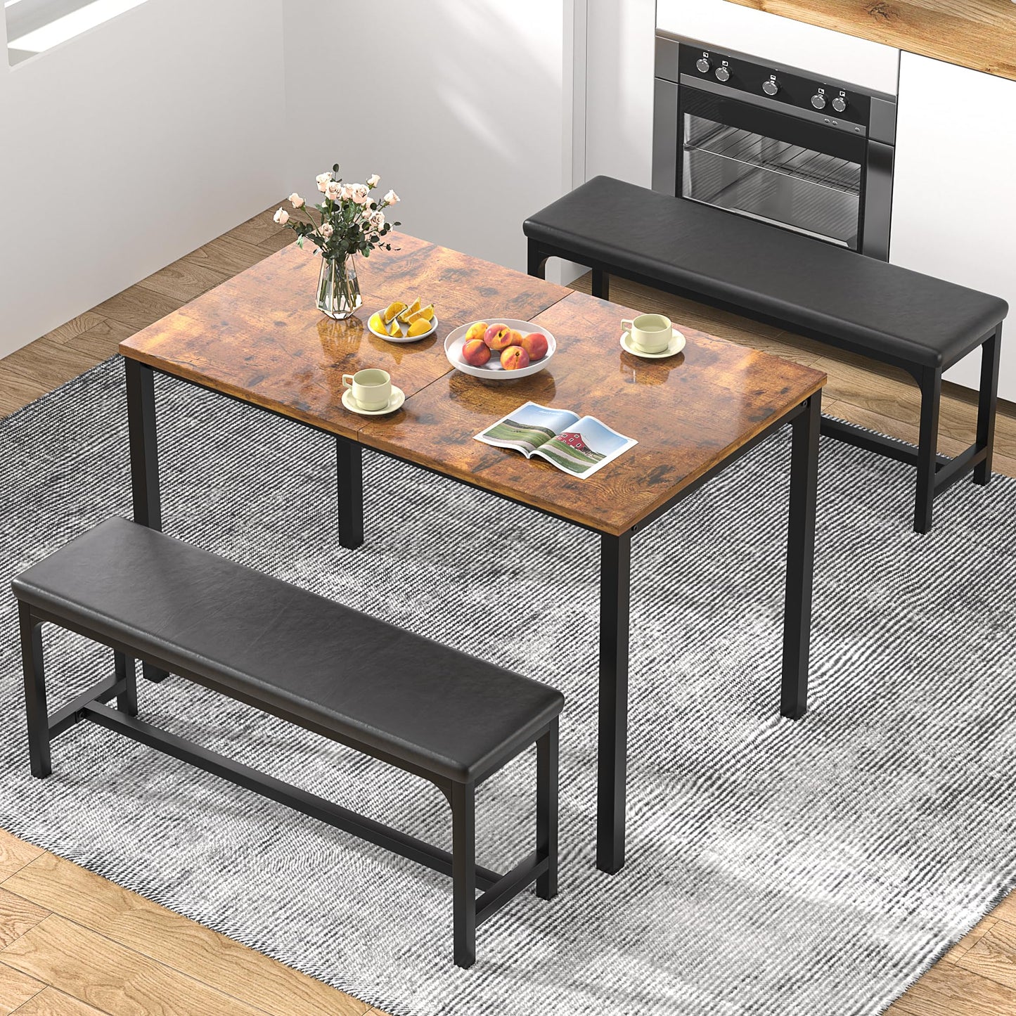 3-Piece 63" Extendable Kitchen Table with Benches/Chairs, Modern Breakfast Dinette/Dining Room Set for 4/6/2, Small Space Saving Design, Easy Assembly